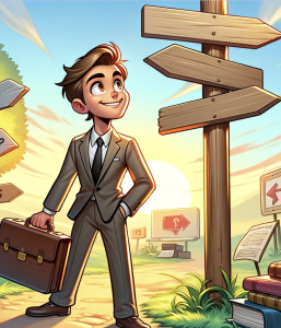 Cartoon illustration of an enthusiastic young professional standing at a crossroads, facing a signpost with blank direction signs, symbolizing the start of the MBA application journey. The character, depicted with a bright smile and holding a briefcase, exudes optimism amidst a colorful backdrop that blends elements of professional and academic success, like books and a laptop, under a vibrant dawn sky, representing new beginnings and endless possibilities.